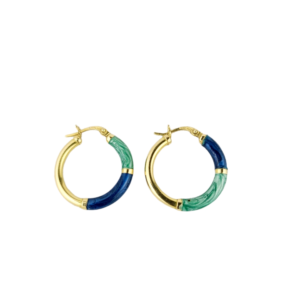 18k Yellow Gold Hollow Hoop Earrings With Blue And Green Enamel